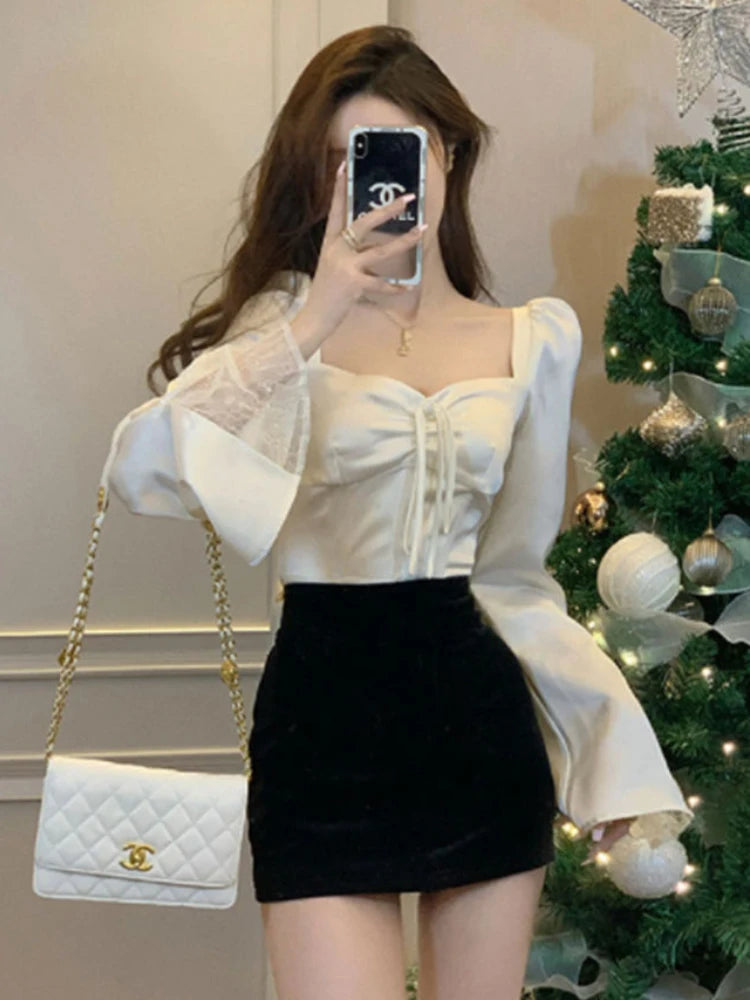 Women’s Lace Flare Sleeve Elegant Top | Sexy Lovely Korean Fashion Retro Pure Slim Spring Blouse