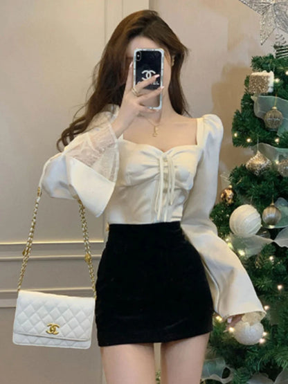 Women’s Lace Flare Sleeve Elegant Top | Sexy Lovely Korean Fashion Retro Pure Slim Spring Blouse