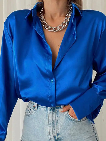 Women’s Vintage Polo Collar Shirt Top – Loose Button-Up Office Blouse in Blue, Green & Black for Autumn Fashion