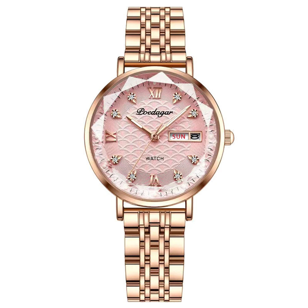 Women’s Luxury Stainless Steel Watch – Waterproof Wristwatch with Date & Week Display