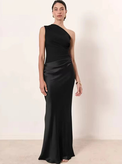 Women’s One-Shoulder Satin Maxi Dress – Elegant Evening Party Gown