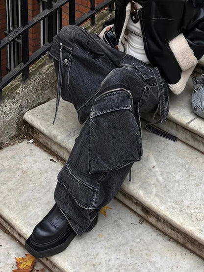 Women’s Punk Y2K Washed Black Cargo Jeans – Wide-Leg Baggy Streetwear Pants with Pockets