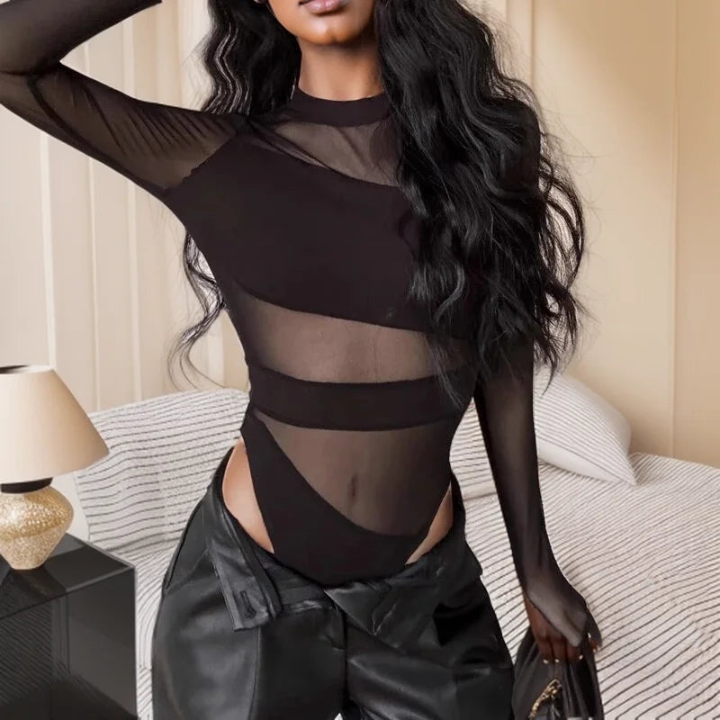 Women’s Cut Cross Bodysuit | Long Sleeve Hollow O-Neck Slim Top | Spring Summer Clubwear Sexy Black Top