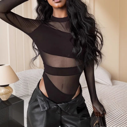 Women’s Cut Cross Bodysuit | Long Sleeve Hollow O-Neck Slim Top | Spring Summer Clubwear Sexy Black Top