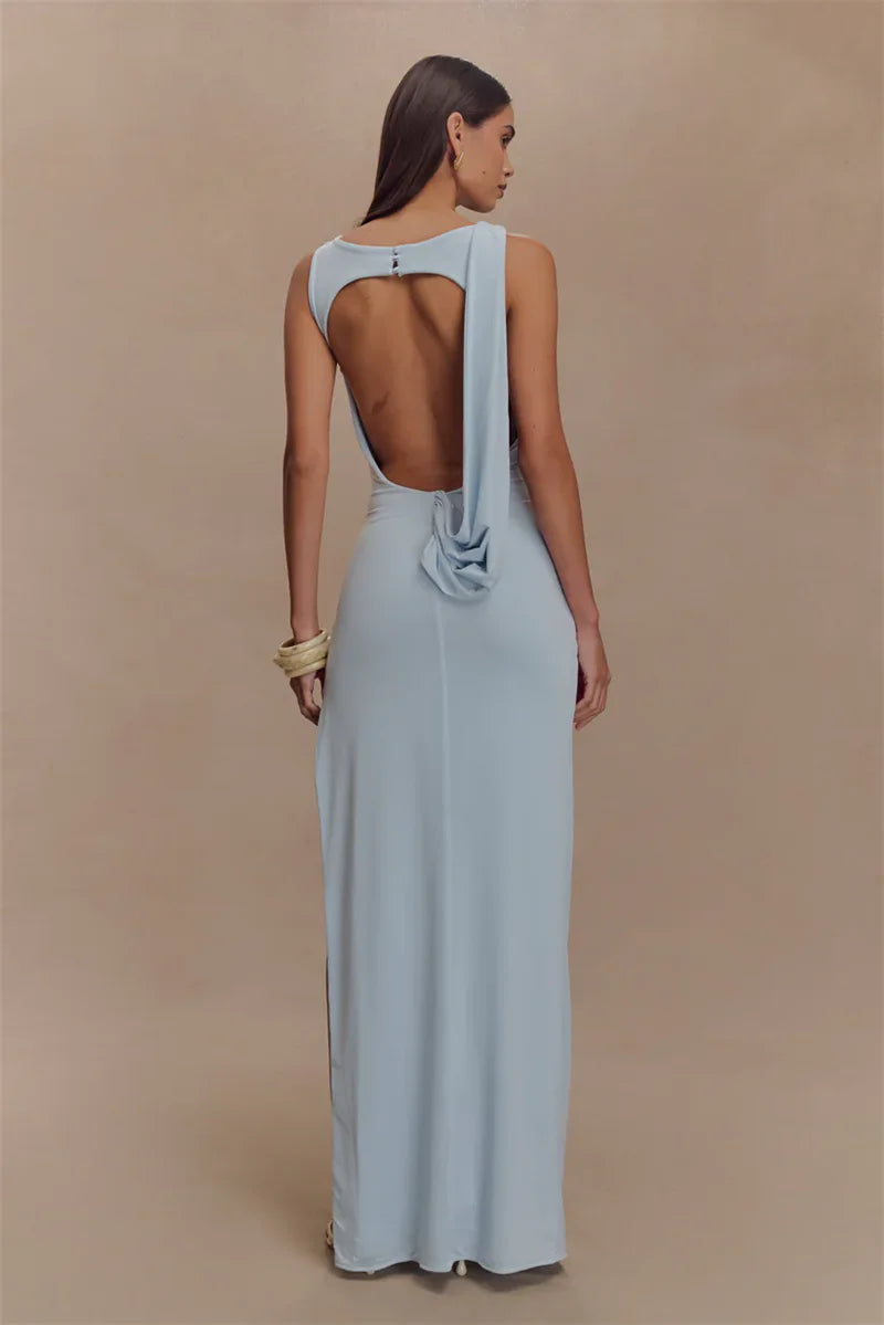 Women’s Backless Ruched Maxi Dress – Elegant Sleeveless High Split Summer Evening Gown