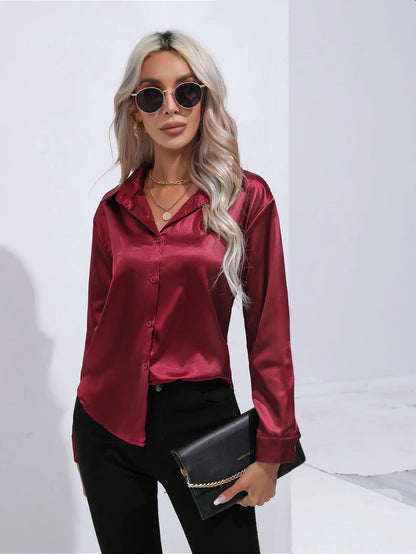 Women’s Satin Imitation Silk Shirt | Long Sleeve Lapel Office Top | Elegant Solid Blouse