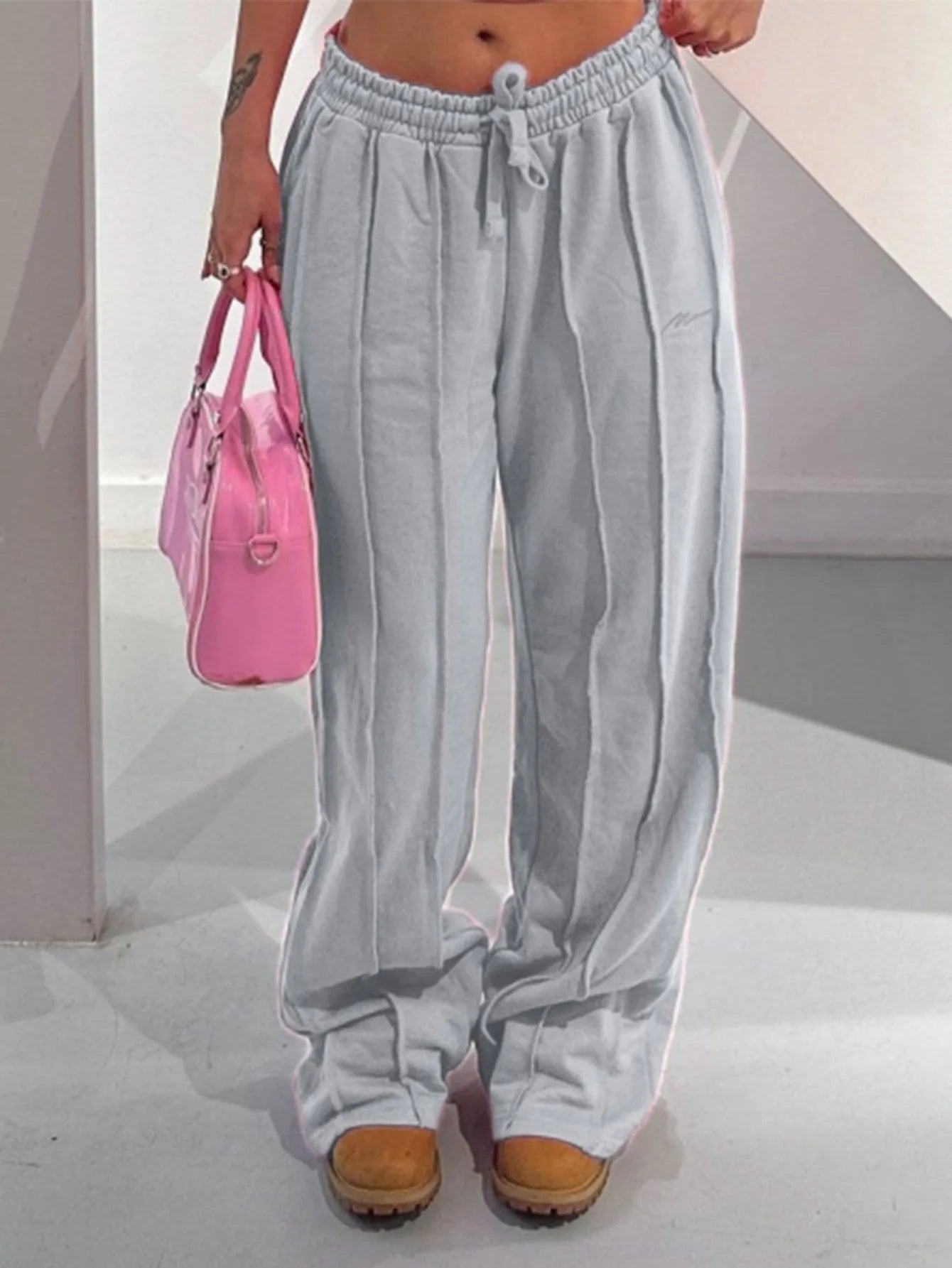 Women’s Mid Waist Wide Leg Pants Bottom – Elegant Office Trousers with Drawstring Loose Fit Y2K Streetwear