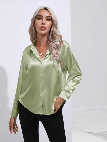 Women’s Satin Imitation Silk Shirt | Long Sleeve Lapel Office Top | Elegant Solid Blouse