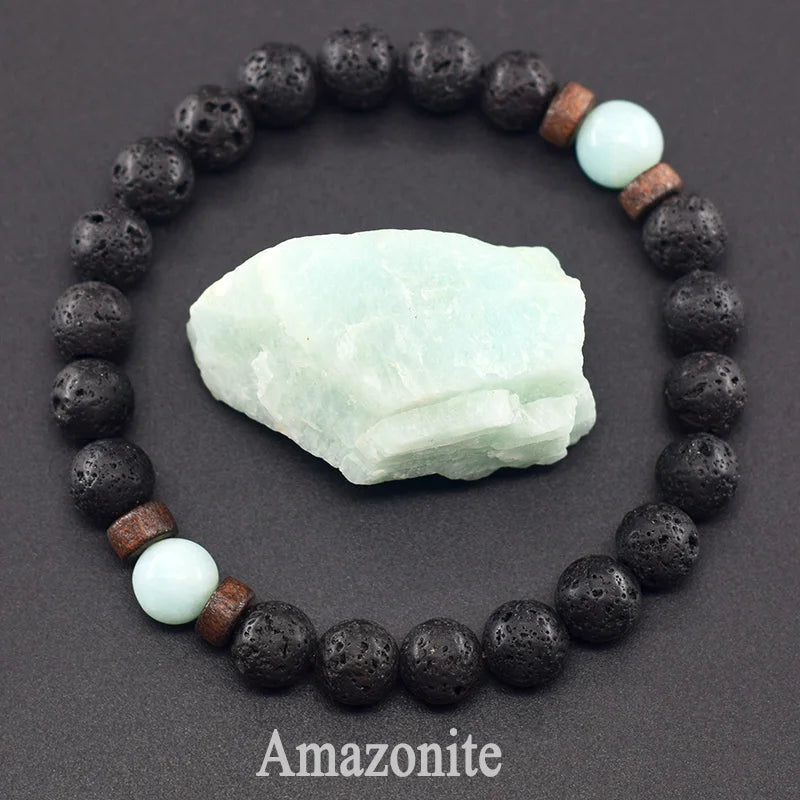 Men’s Tiger Eye & Lava Stone Bead Bracelet – Tibetan Buddha Elastic Wristband Jewelry