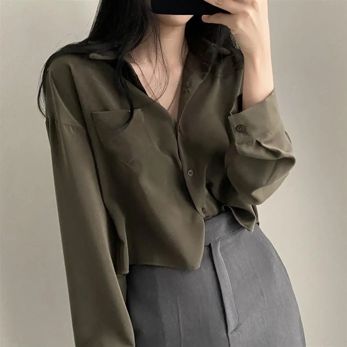 Women’s Long Sleeve Shirt & Blouse – Single Breasted OL Casual Solid Short Top | Elegant Fashion