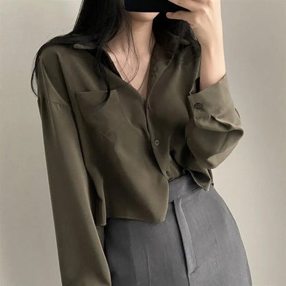 Women’s Long Sleeve Shirt & Blouse – Single Breasted OL Casual Solid Short Top | Elegant Fashion