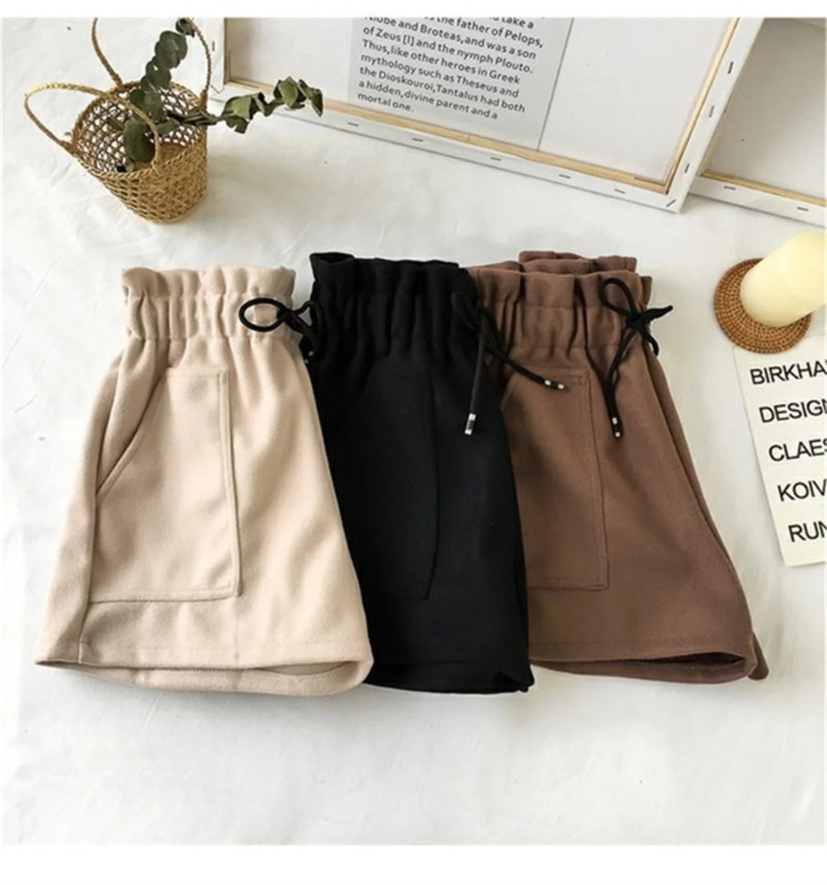 Women’s Woolen Shorts Bottom – High Waist Retro Elegant Solid Loose Fit Winter Streetwear