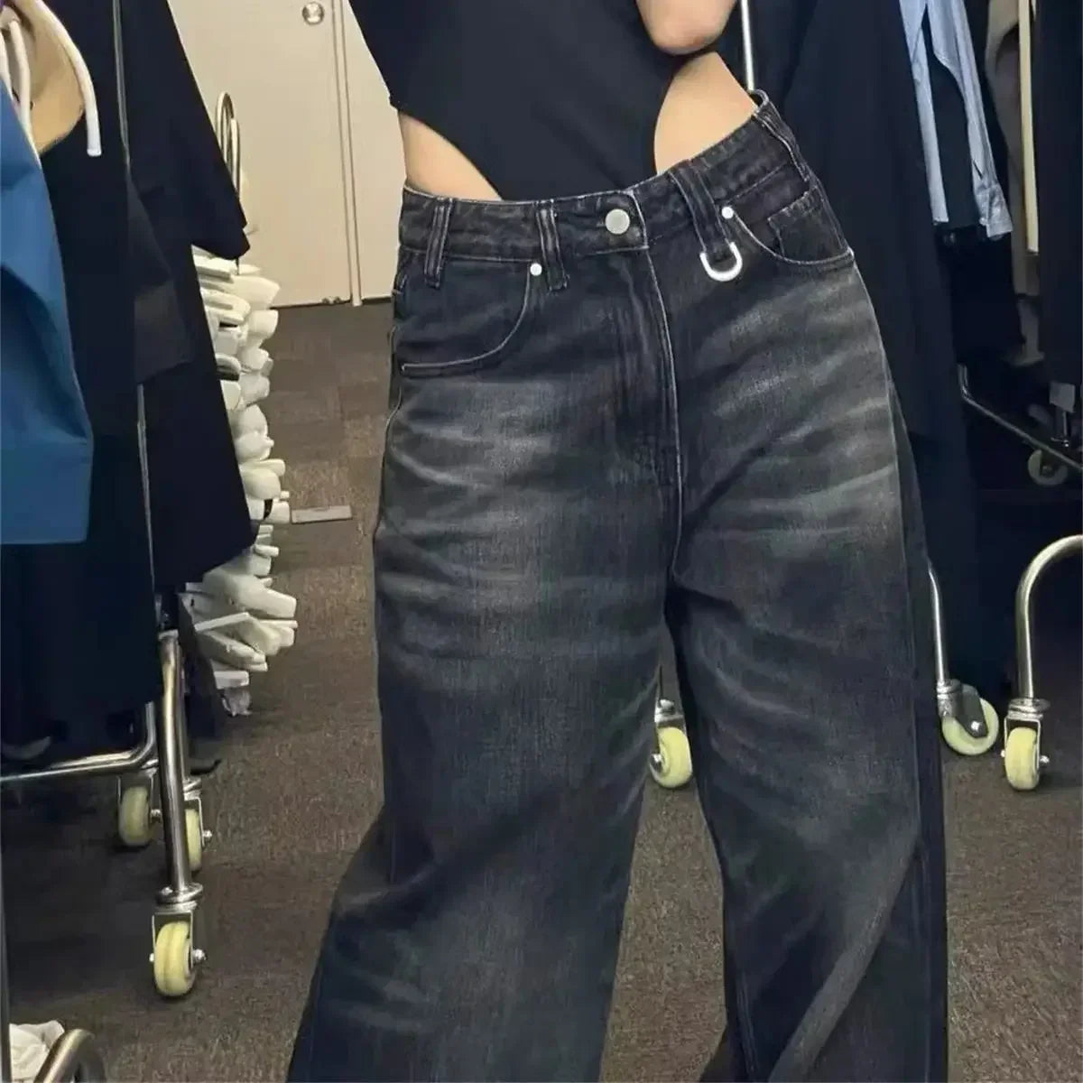 Women’s Vintage Black Wide Leg Jeans Bottom – High Waist Baggy Denim Pants