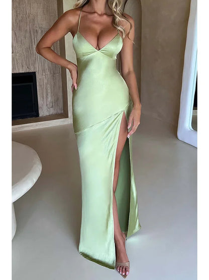 Women’s Satin Spaghetti Strap Dress – Elegant Backless Lace-Up Split Hem Long Party Maxi Dress
