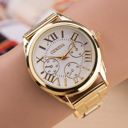 Men’s Light Luxury Watch – Gold Stainless Steel Wristwatch with 3-Eye Dial