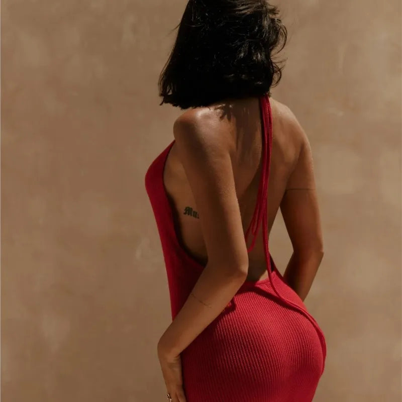 Women’s Backless Knitted Halter Maxi Dress – Elegant Sleeveless High Split Summer Dress