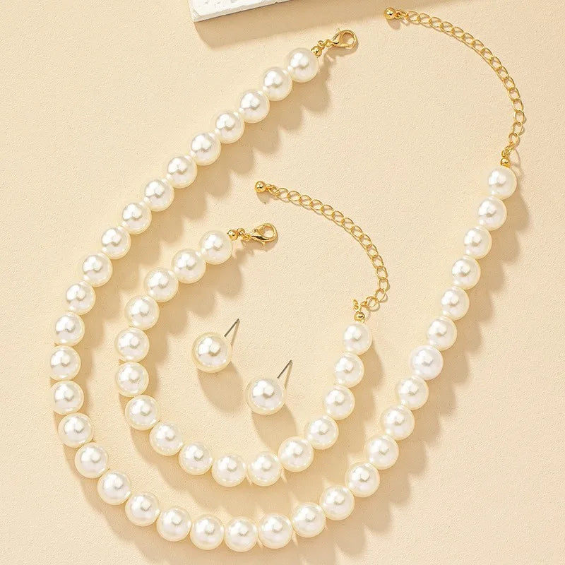 Women’s Minimalist Pearl Jewelry Set – Elegant Necklace, Earrings & Bracelet for Party Accessories