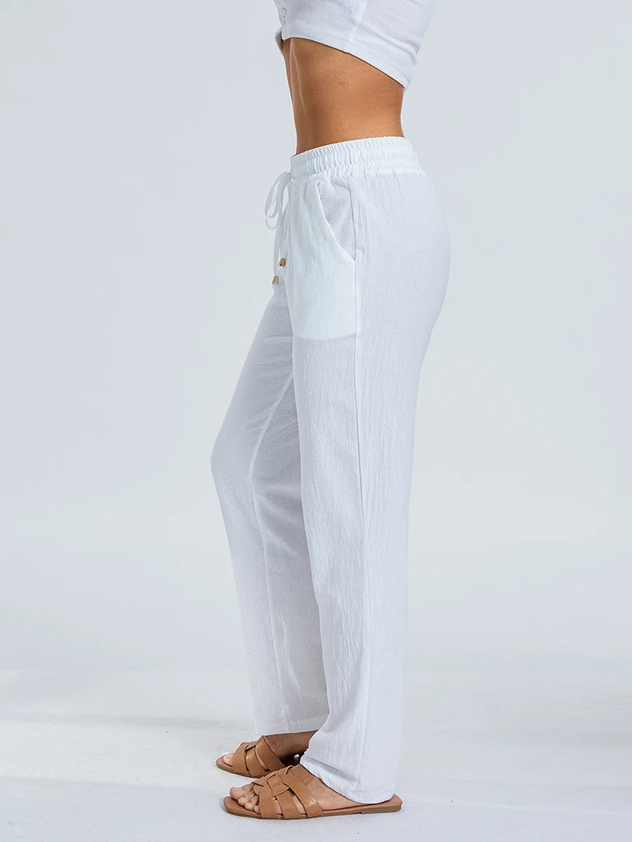 Women’s Loose Wide Leg Pants Bottom – Casual Solid Color Drawstring Trousers
