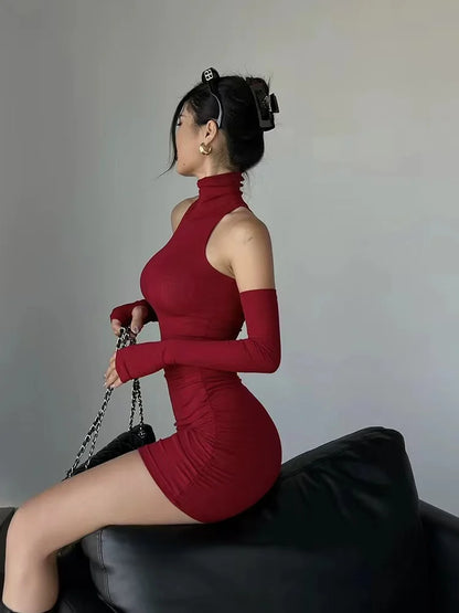 Women’s Ruched Turtleneck Mini Dress – Long Sleeve Stretchy Party Dress