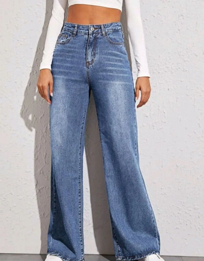 Women’s Blue Wide Leg Jeans Bottom – High Waist Straight Denim Trousers, Elegant Y2K Loose Fit Pants for Spring & Autumn
