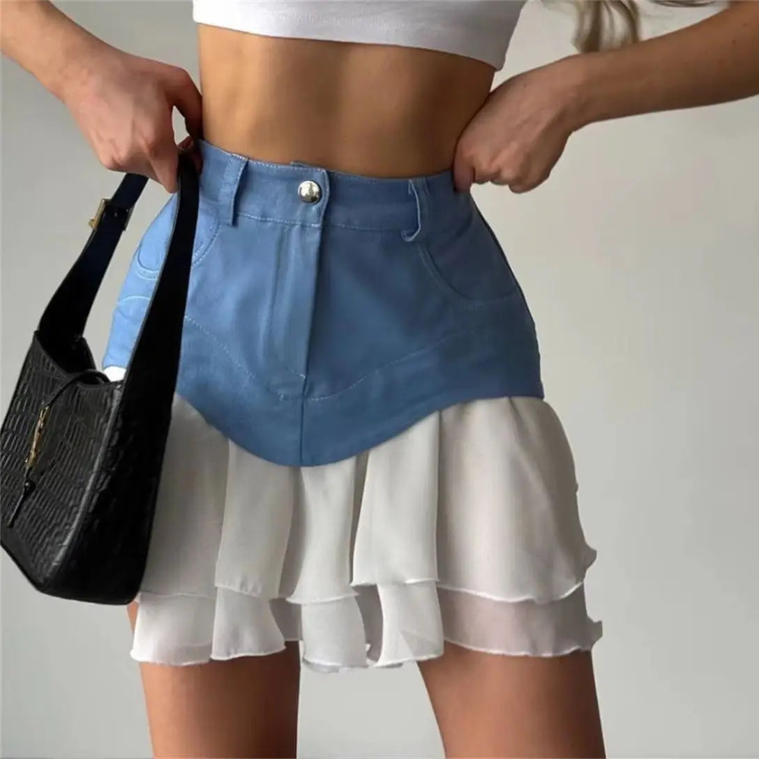 Women’s Chic Ruffles Skirt Bottom – High Waist Pleated A-Line Splice Skirt Spring Summer Fashion