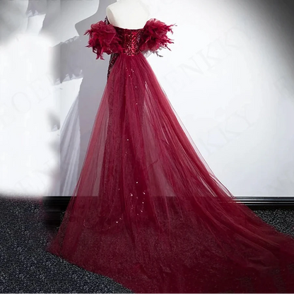 Women’s Burgundy Sequin Mermaid Evening Maxi Dress – Off Shoulder Luxury Gown with Feathers