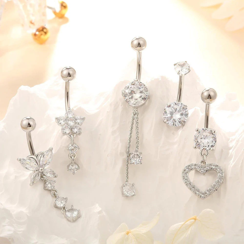 Women’s Belly Button – 5pcs Dangled Butterfly & Heart Navel Piercing Body Jewelry