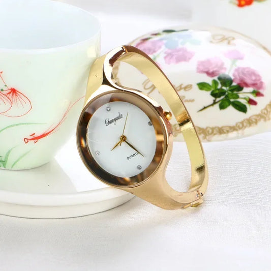Women’s Minimal Cuff Quartz Watch | Casual | Gold Tone | Round Dial