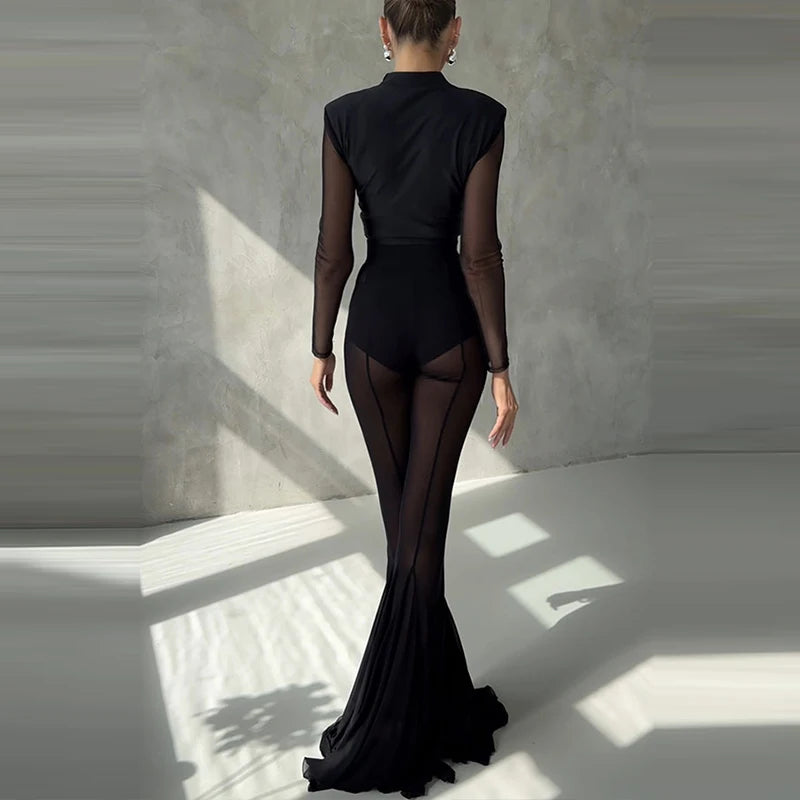 Women’s High Waist Flared Pants – Elegant Slim Fit Patchwork Transparent Bottoms