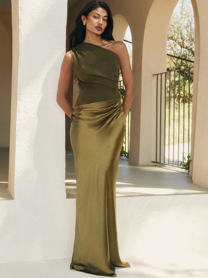 Women’s One-Shoulder Satin Maxi Dress – Elegant Evening Party Gown