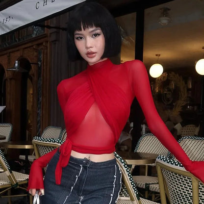 Women’s Red Turtleneck Bandage Crop Top | Sexy See-Through Streetwear Club Fashion Top