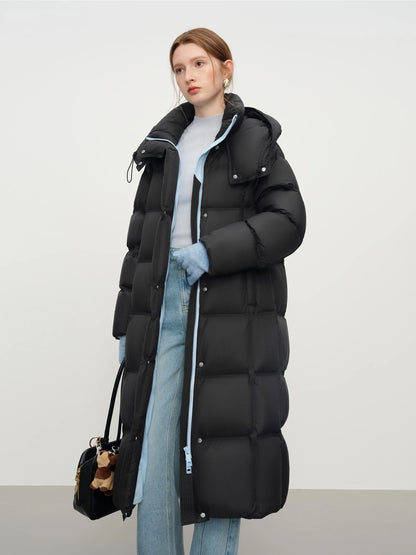 Women’s Long Puffer Jacket Outerwear – Hooded Two-Tone Down