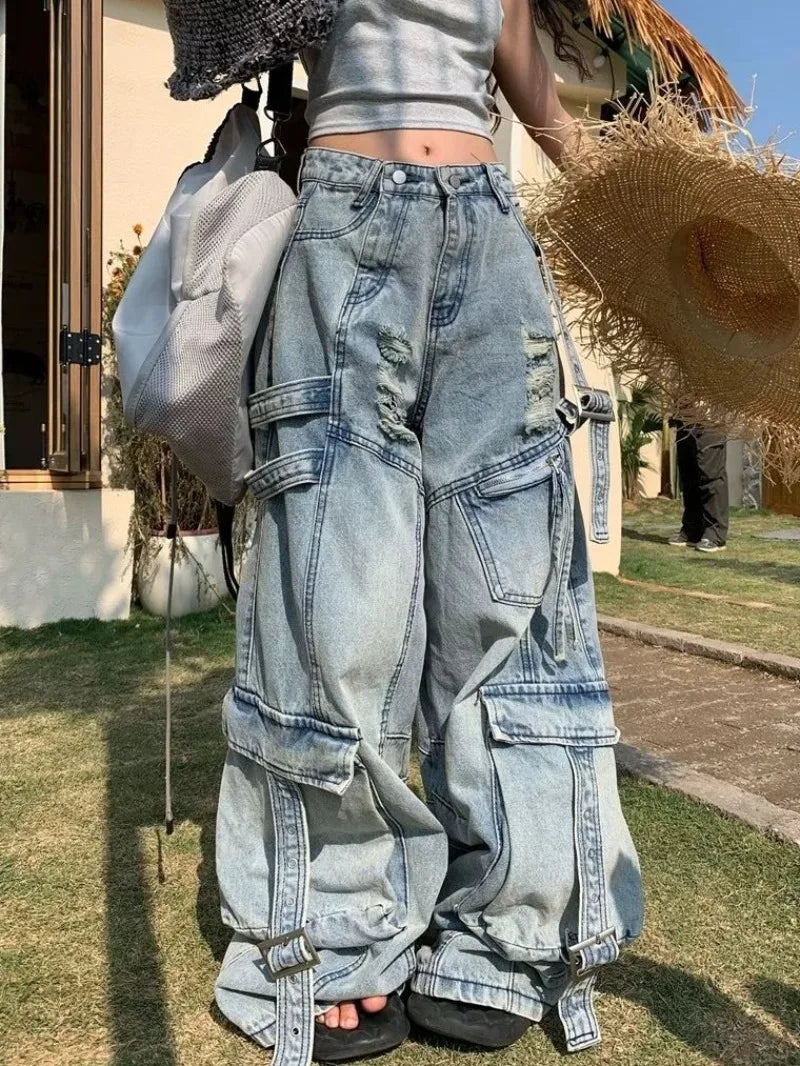 Women’s Baggy Jeans Bottom – Y2K Streetwear Wide-Leg Denim Pants with Tooling Pockets Hip Hop Oversized Style
