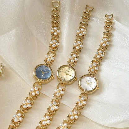 Women’s Small Gold Quartz Watch | Vintage | Pearl Chain | Elegant