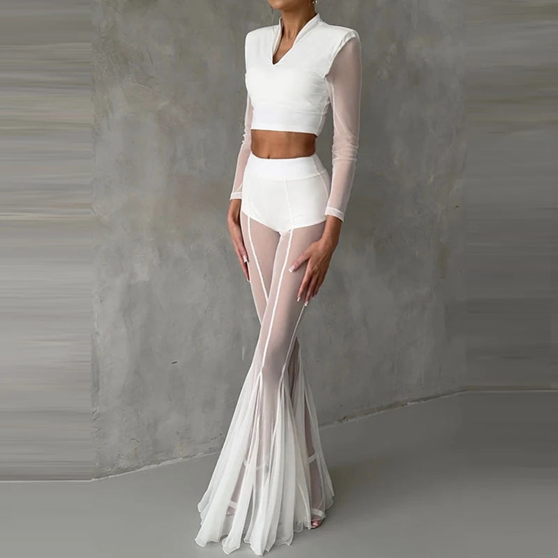 Women’s High Waist Flared Pants – Elegant Slim Fit Patchwork Transparent Bottoms
