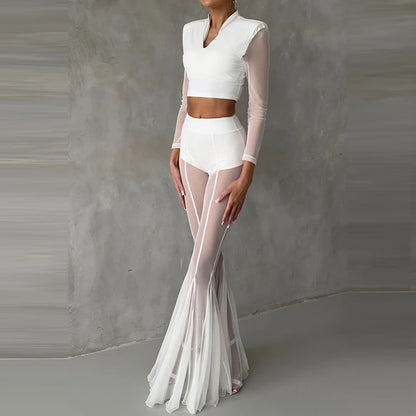 Women’s High Waist Flared Pants – Elegant Slim Fit Patchwork Transparent Bottoms
