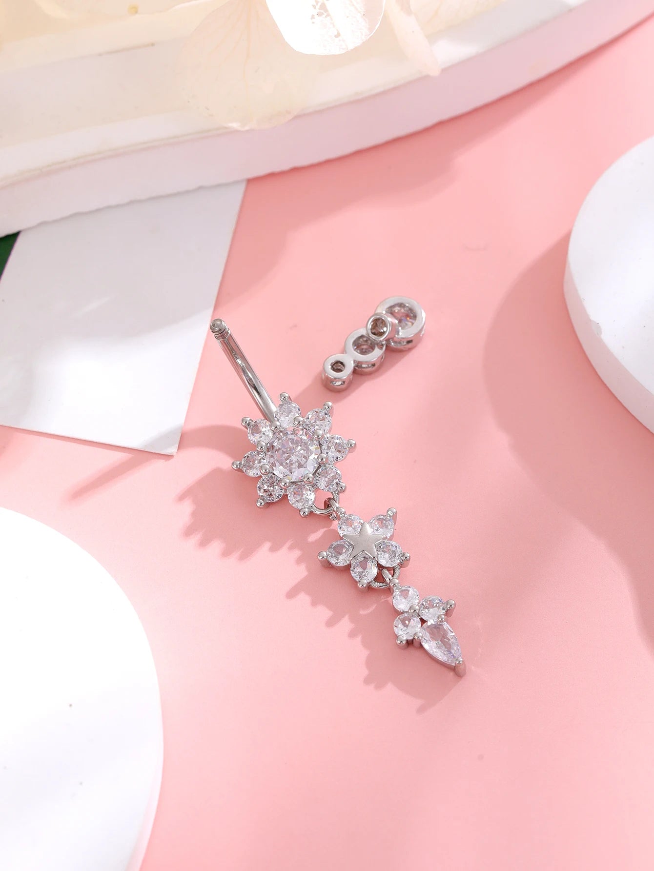 Women’s Gold Stainless Steel Belly Button – Long Dangle Flower CZ Crystal Navel Piercing Jewelry