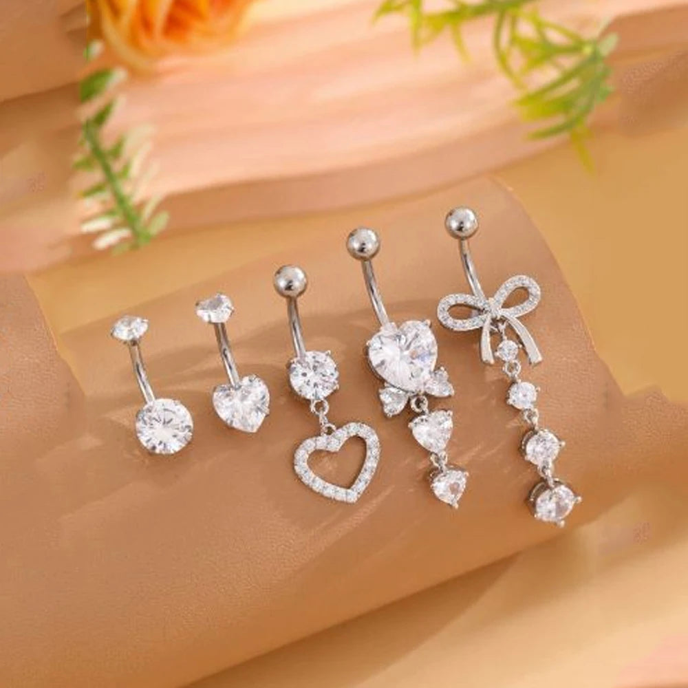 Women’s Belly Button – 5pcs Dangled Butterfly & Heart Navel Piercing Body Jewelry