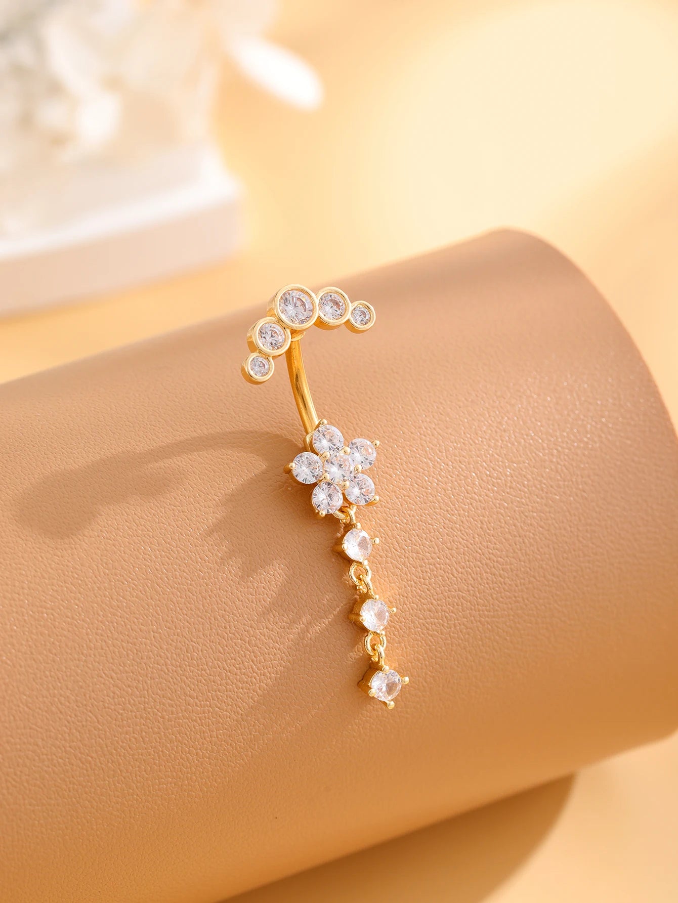 Women’s Gold Stainless Steel Belly Button – Long Dangle Flower CZ Crystal Navel Piercing Jewelry