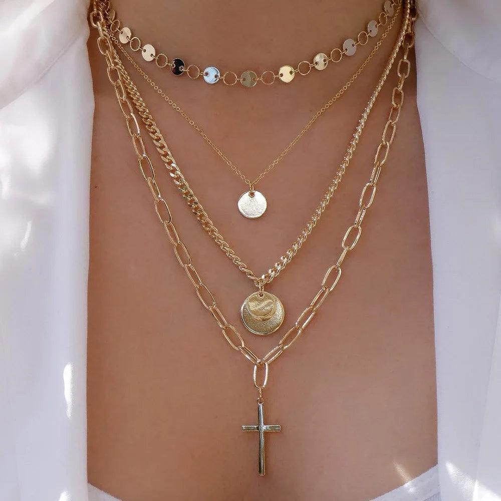 Women’s Jewelry Layered Disc Pendant Necklace | Vintage | Gold Tone | Trendy