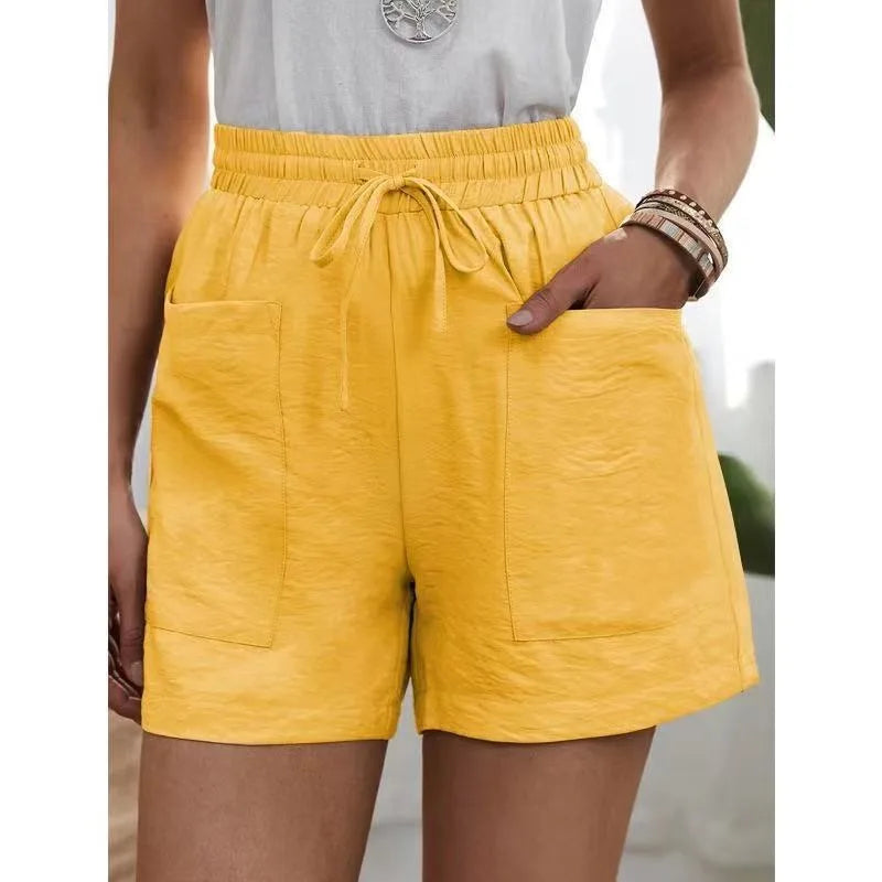Women’s Loose Linen Shorts Bottom – High Waist Wide Leg Solid Color Casual Summer Bermuda with Pockets