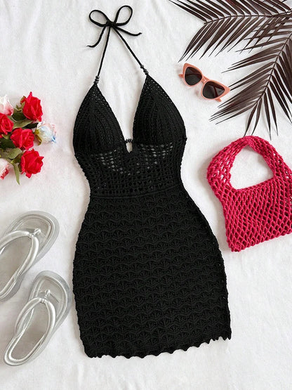 Women’s Sexy V-Neck Hollow-Out Knit Mini Dress – Ombre Backless Spaghetti Strap Summer Vacation Dress