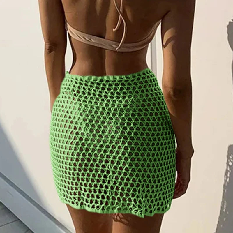 Women’s Knitted Hollow Out Skirt Bottom – Sexy Solid Color Beach Cover-Up Mini Sarong Skirt Summer Trend