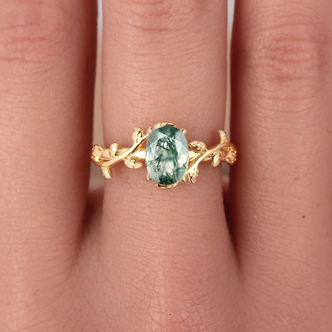 Women’s 925 Sterling Silver Moss Agate Oval Ring – Leaf Branch Cocktail Ring, Elegant Jewelry