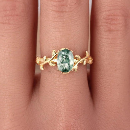 Women’s 925 Sterling Silver Moss Agate Oval Ring – Leaf Branch Cocktail Ring, Elegant Jewelry