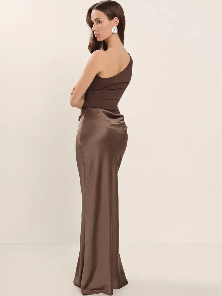 Women’s One-Shoulder Satin Maxi Dress – Elegant Evening Party Gown