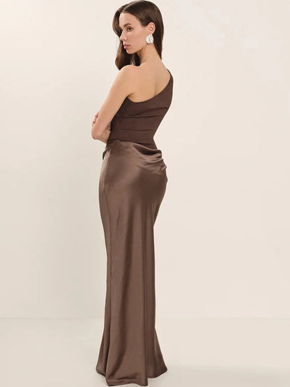 Women’s One-Shoulder Satin Maxi Dress – Elegant Evening Party Gown