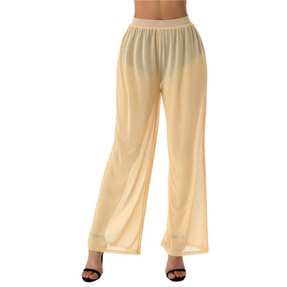 Women’s Cover-Up Pants Bottom – Sheer See-Through Bikini Swimsuit Cover-Up with Elastic Waist and Wide Leg Palazzo Style