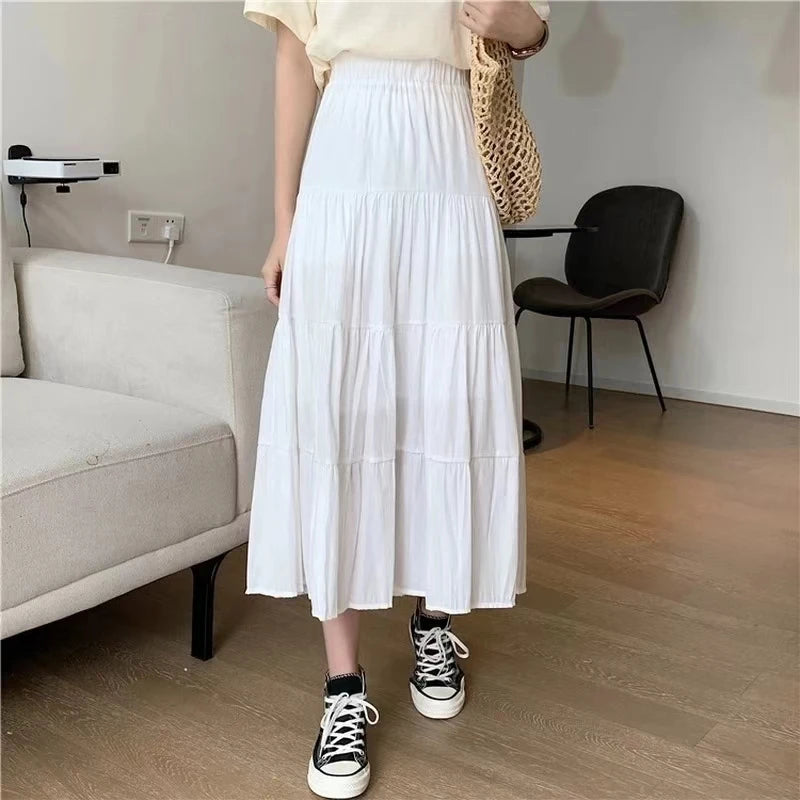 Women’s Vintage Patchwork Long Skirt Bottom – High Waist Elastic A-Line Cake Skirt White Black Chic