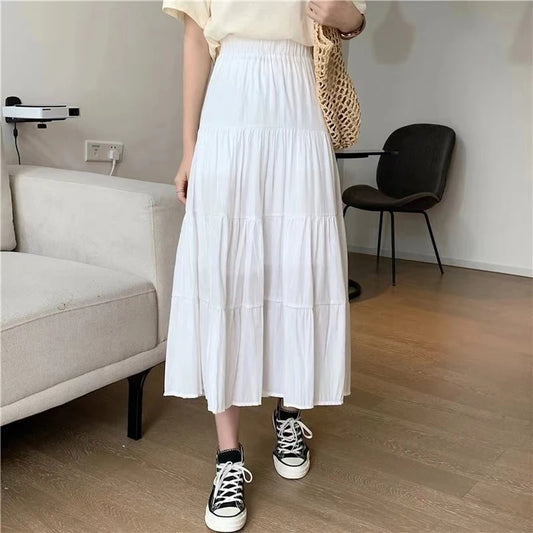 Women’s Vintage Patchwork Long Skirt Bottom – High Waist Elastic A-Line Cake Skirt White Black Chic